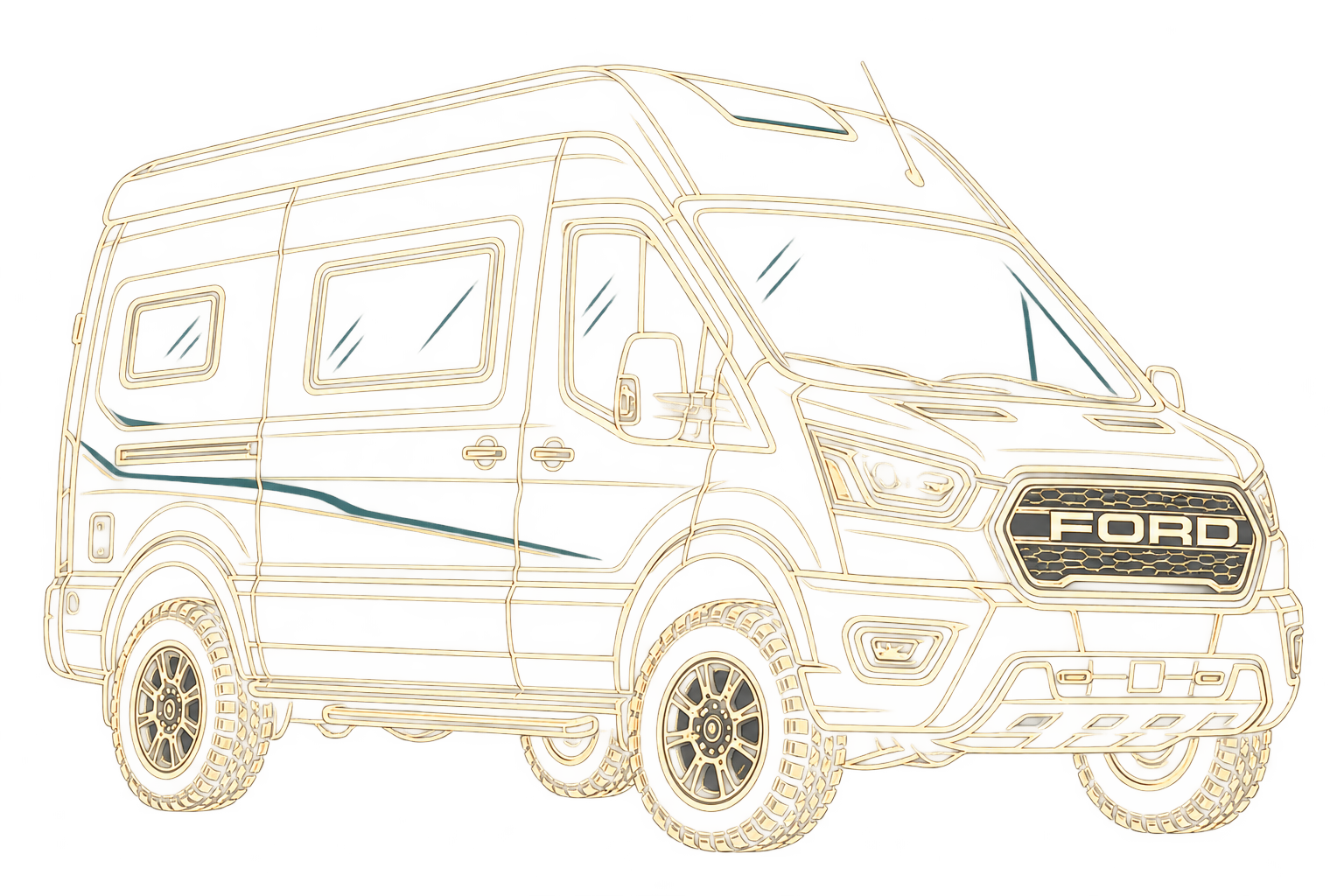 Handgezeichnete Skizze eines Allrad-Campers auf Ford-Transit-Basis